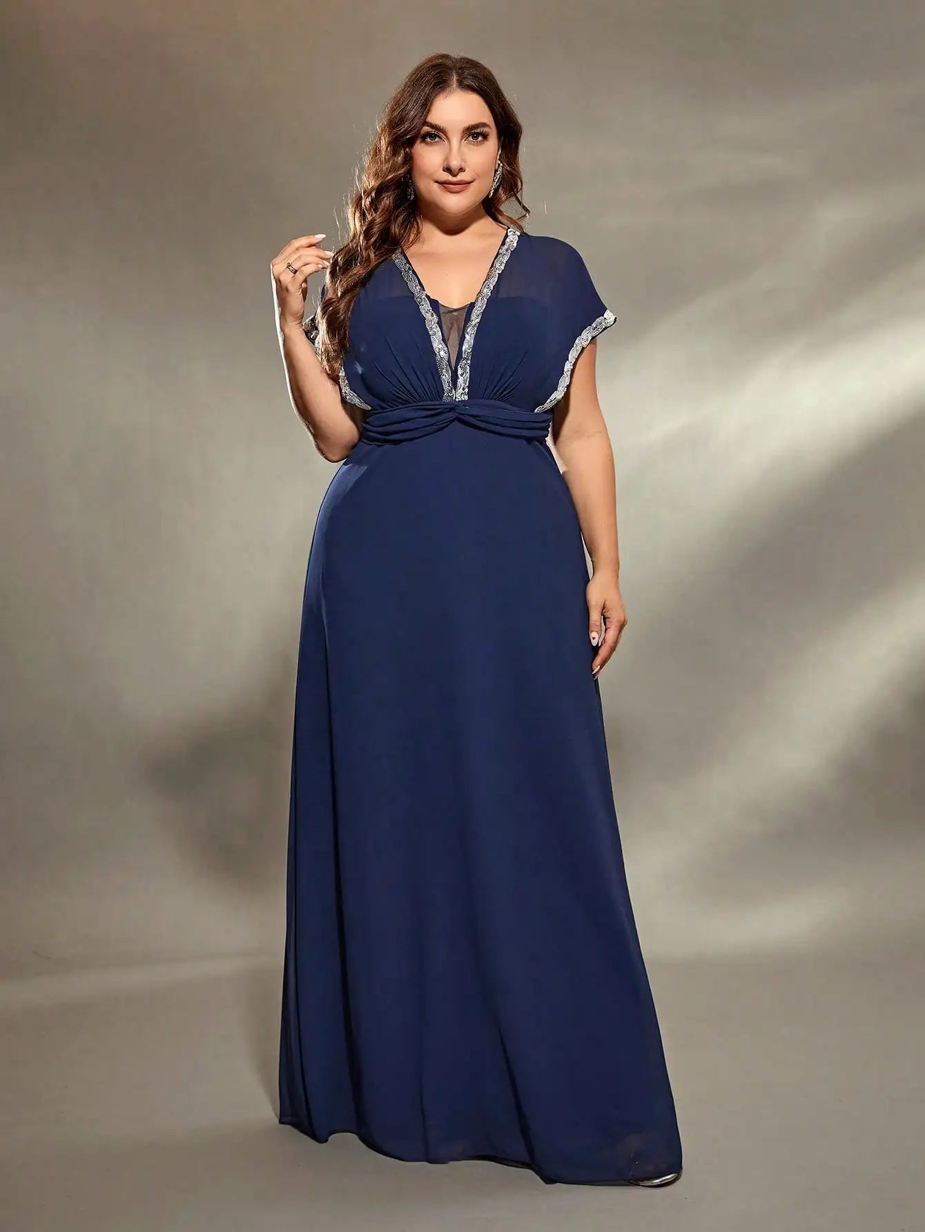 navy chiffon fabric short sleeves with silver trim plus size evening dress-formal elegance