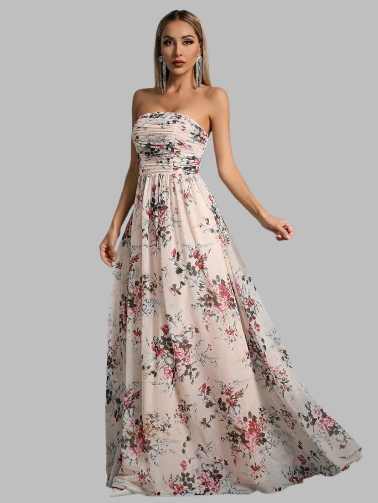 a-line strapless pleated floral printed maxi dress-formal elegance