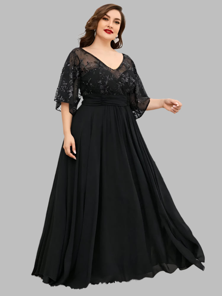 black lace with sequins bodice elbow length sleeves made in chiffon plus size evening dress-formal elegance