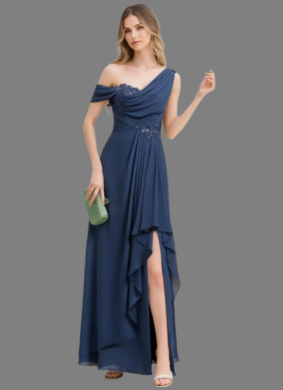 Woman wearing a blue off-shoulder dress with a slit, holding a green clutch, against a white background with greenery.