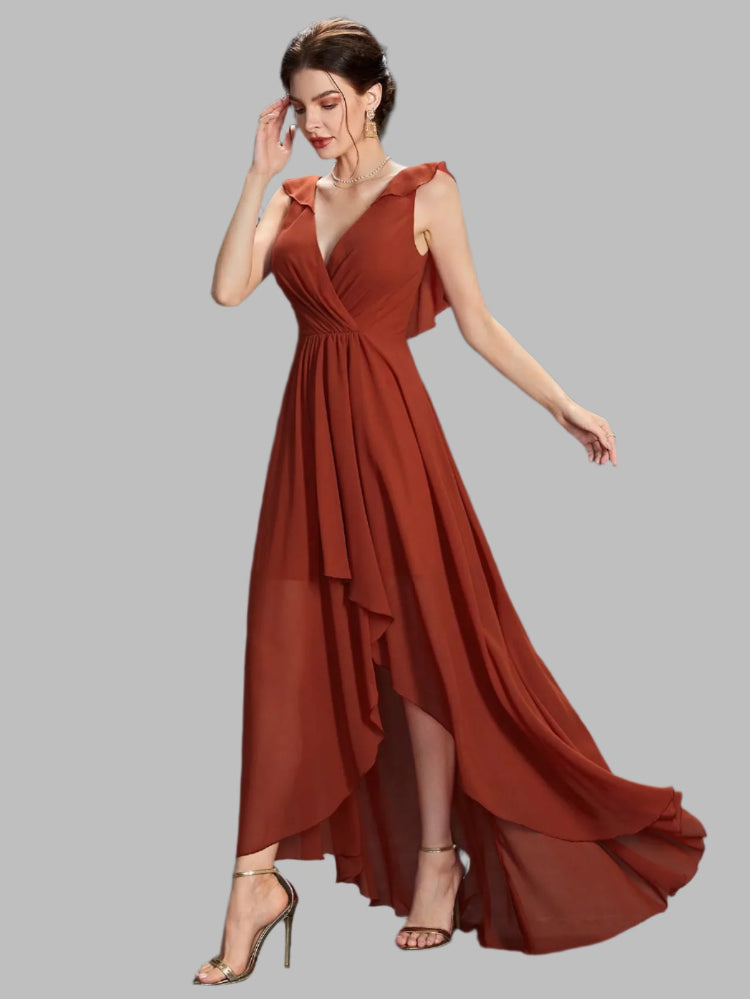 brown chiffon high low style with ruffles wedding guest party dress-formal elegance