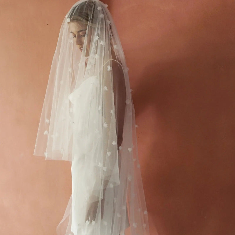 Long White 3D Flowers Blusher Wedding Veil