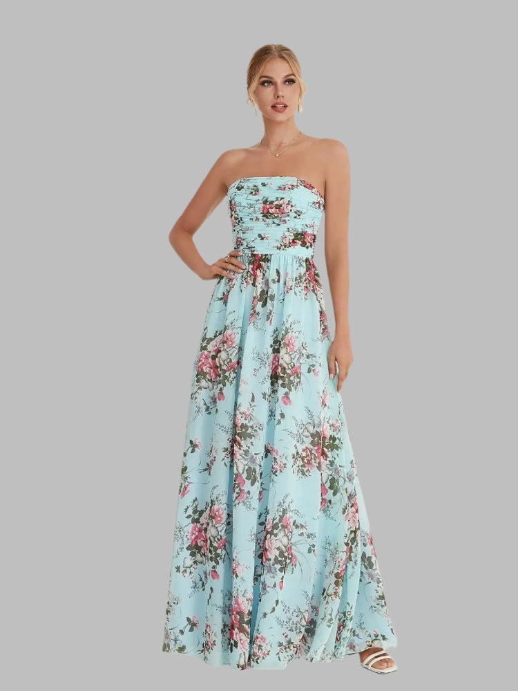 sky blue strapless pleated floral printed maxi dress-formal elegance