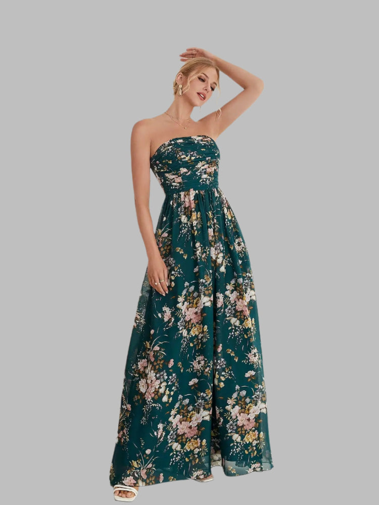 dark green strapless pleated floral printed maxi dress-formal elegance