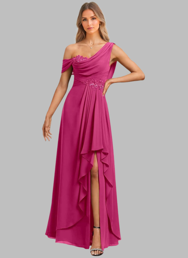 Fuchsia Chiffon Lace Applique Mother Of The Bride Dress