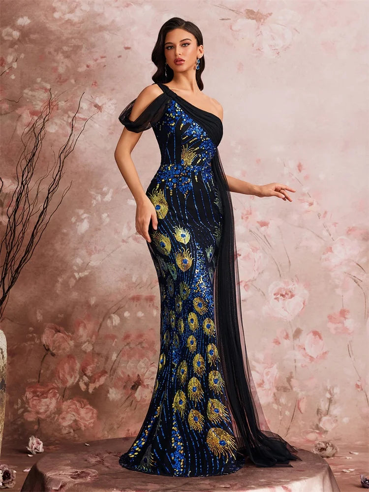 Elegant One Shoulder Sequins Streamer Party Dress