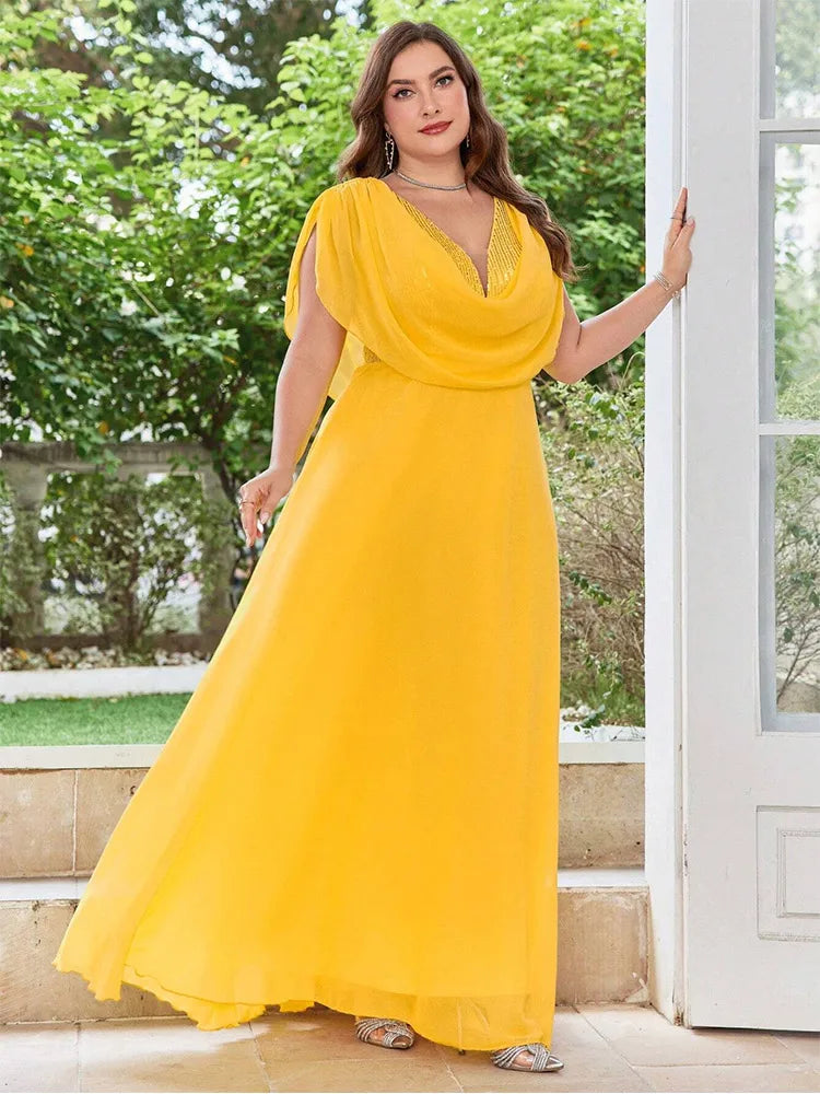 Plus Size With Sequins Draped V Neck Evening Dress