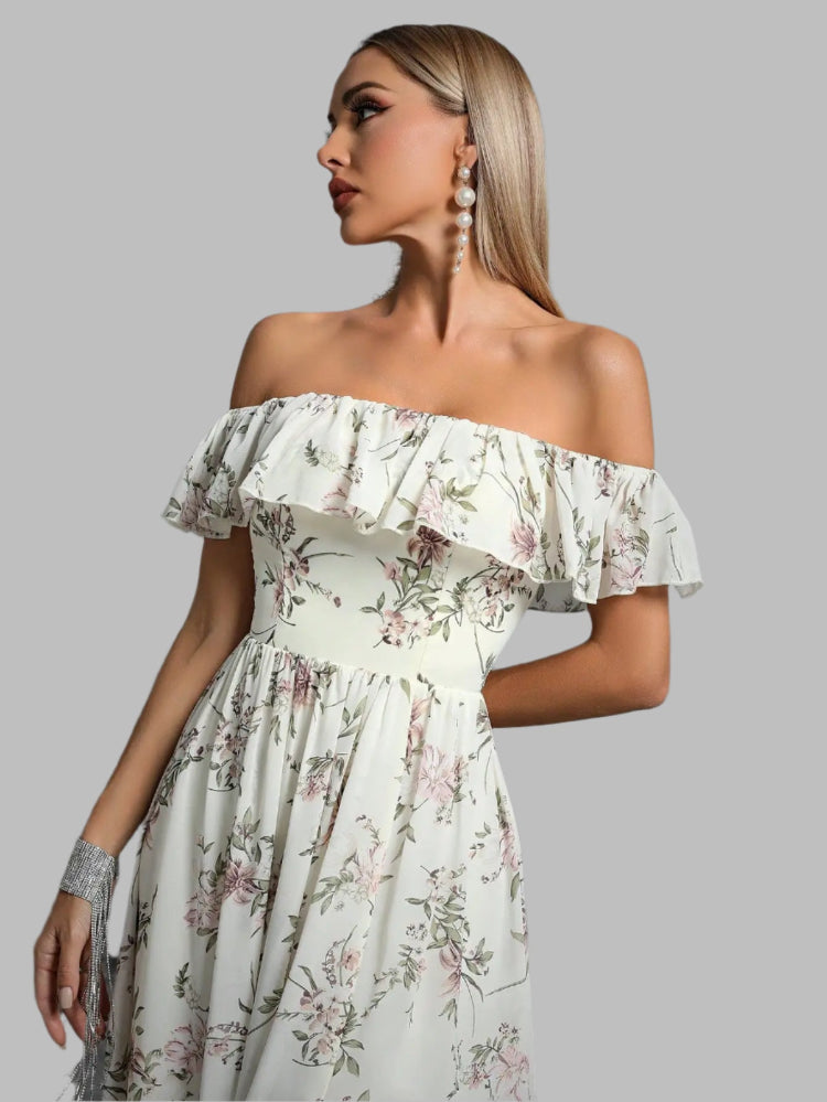 Ivory Strapless Ruffle Split Printed Chiffon Maxi Dress