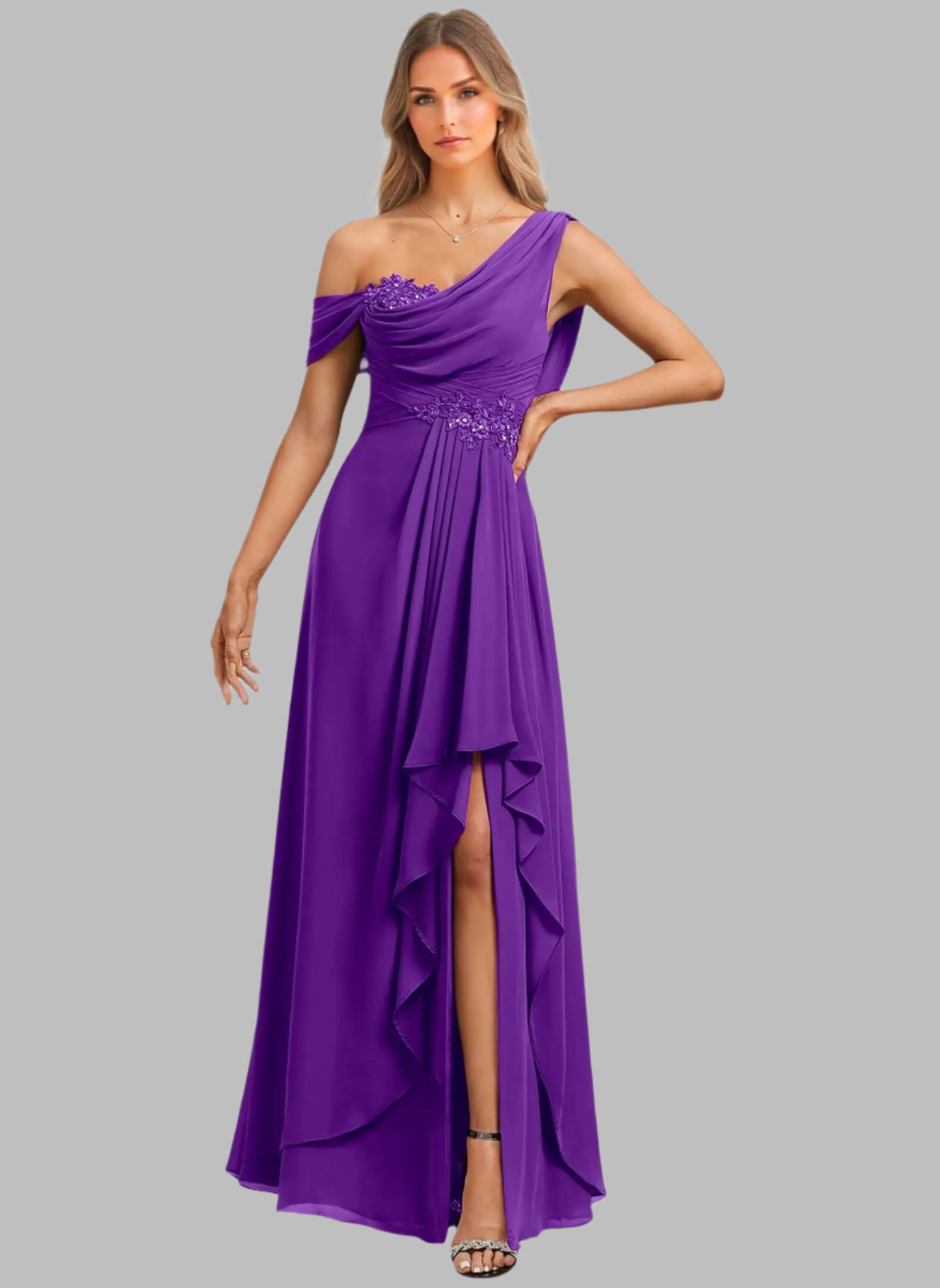 Purple one-shoulder evening gown with embroidery on a white background