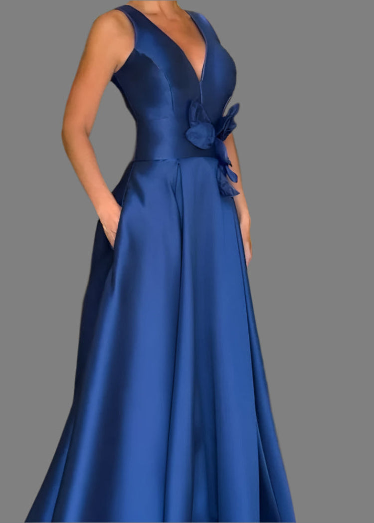 Blue Satin V Neck A Line Floor Length Formal Dress