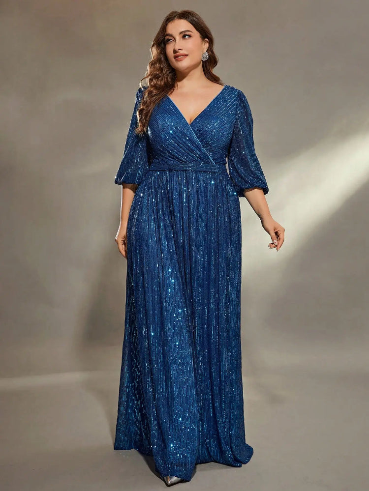 royal blue v-neck with elbow length sleeves sequinned plus sizes evening dress-formal elegance