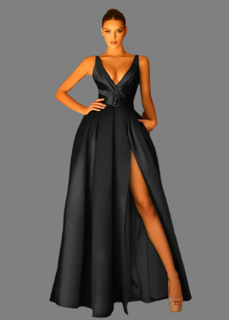 Black v neck satin long event dress-formal elegance
