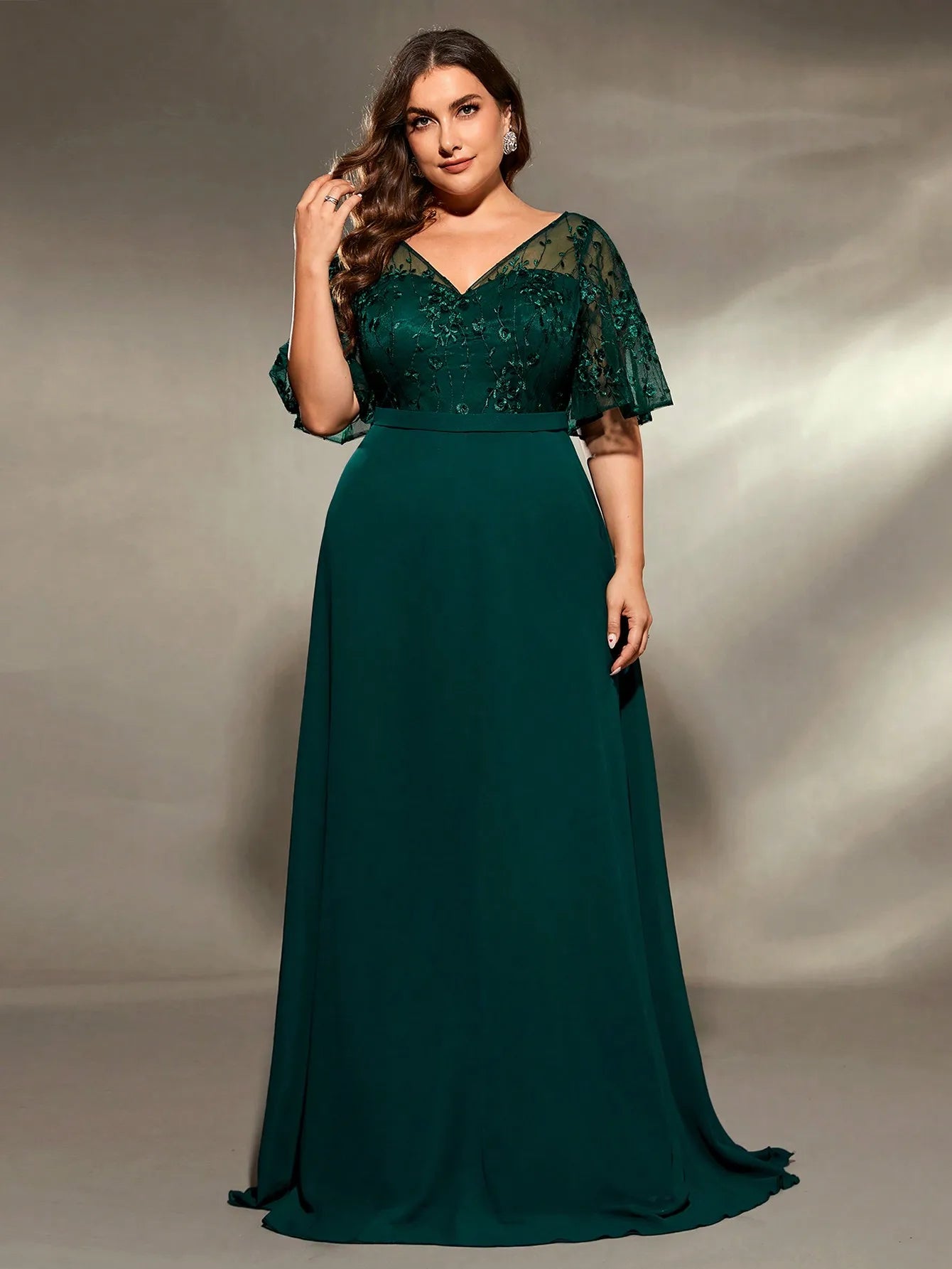 green chiffon and lace bodice short sleeve evening party dress-formal elegance