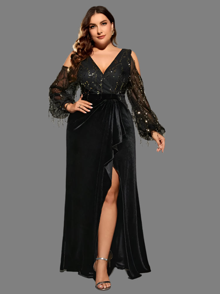 black plus size velvet and sequin maxi length party dress-formal elegance