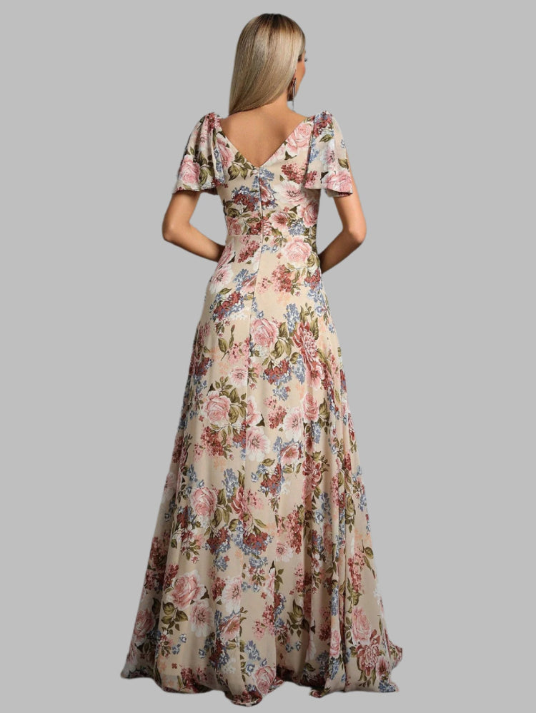 Floral Chiffon V Neck Short Sleeve Maxi Party Dress