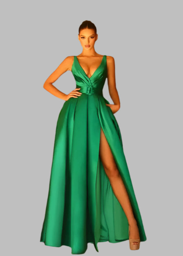 emerald green satin v-neck sleeveless a-line style with leg split evening formal dress-Formal Elegance