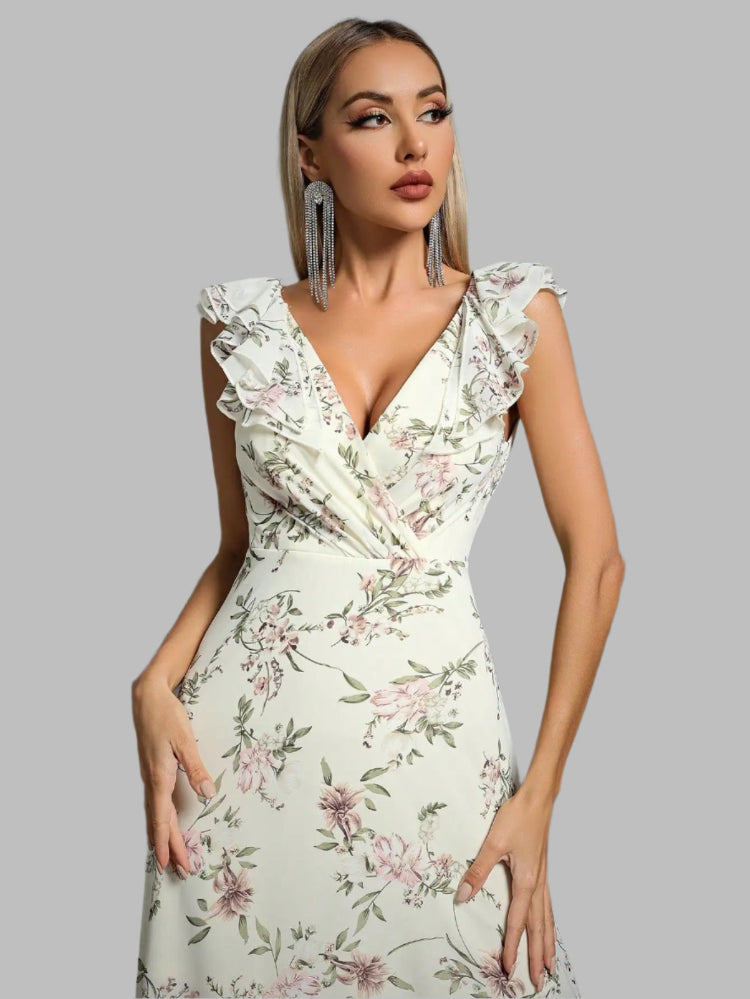 Floral Printed Chiffon Pleating Ruffles Maxi Party Dress