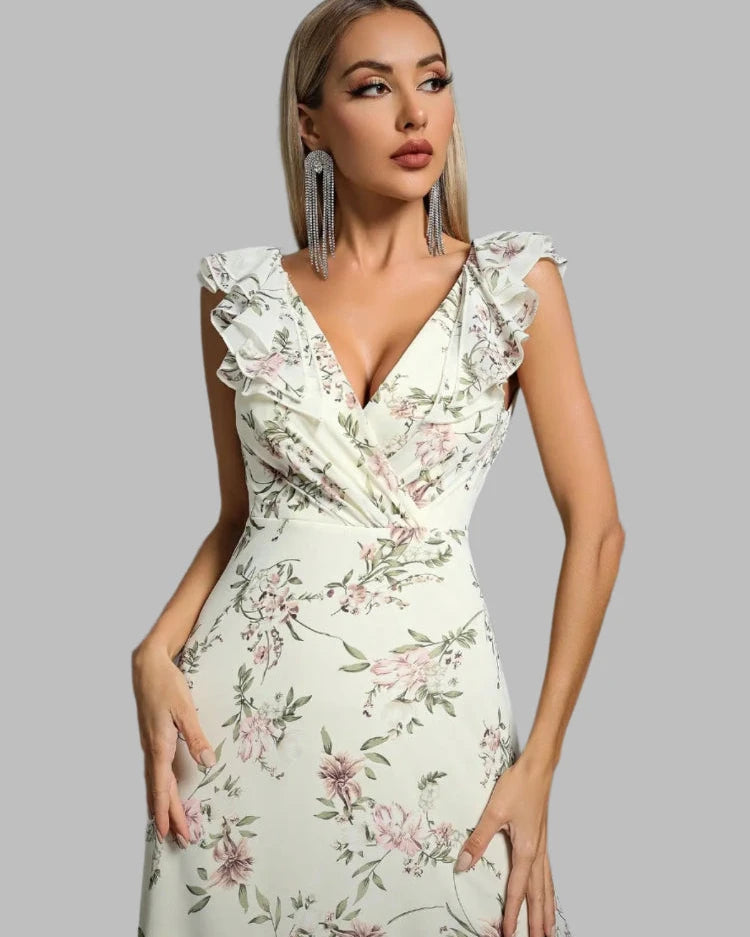Ivory floral chiffon maxi dress, V-neck wrap bodice, ruffled sleeves, long flowing skirt