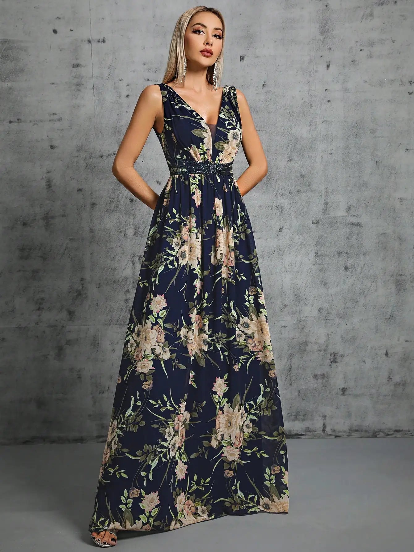 Navy Floral Print Chiffon Sequin Waist Party Dress