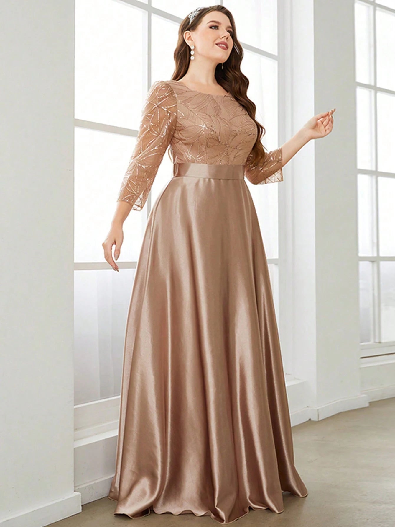 champagne colour satin fabric with gold sequins 3/4 sleeves long formal evening dress-formal elegance