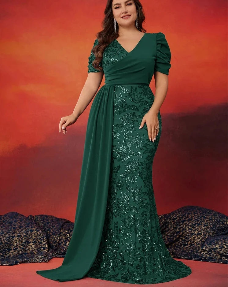 Dark green sequin mermaid dress with V-neck, short puff sleeves, and flared evening skirt
