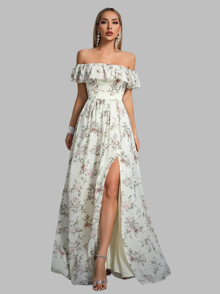 Ivory strapless with ruffle floral chiffon party maxi dress-formal elegance