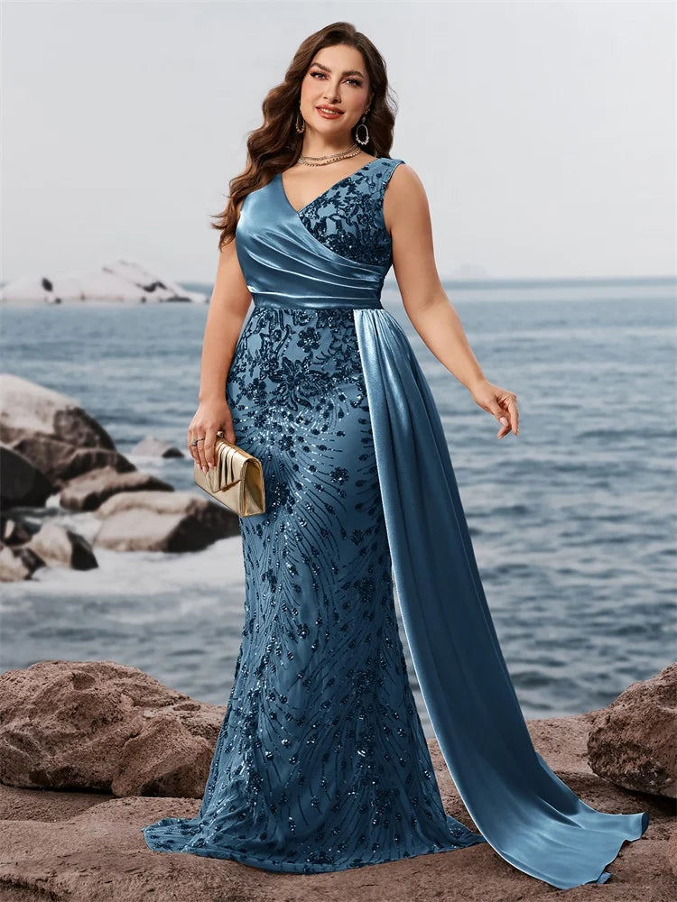 Elegant Blue Satin And Sequins Plus Size Party Dress