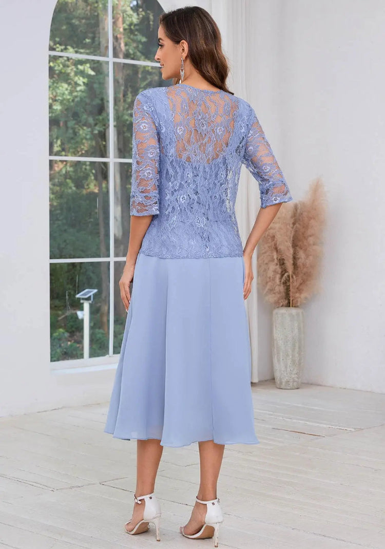 Navy Blue Chiffon A-Line Dress With Jacket