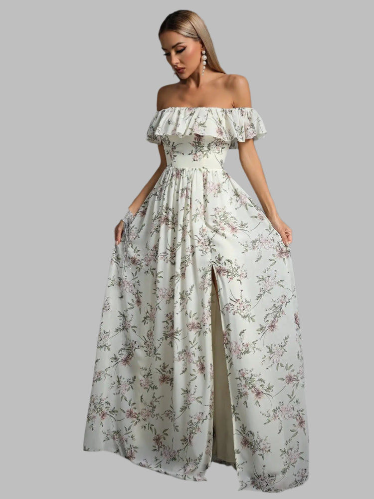 Ivory Strapless Ruffle Split Printed Chiffon Maxi Dress