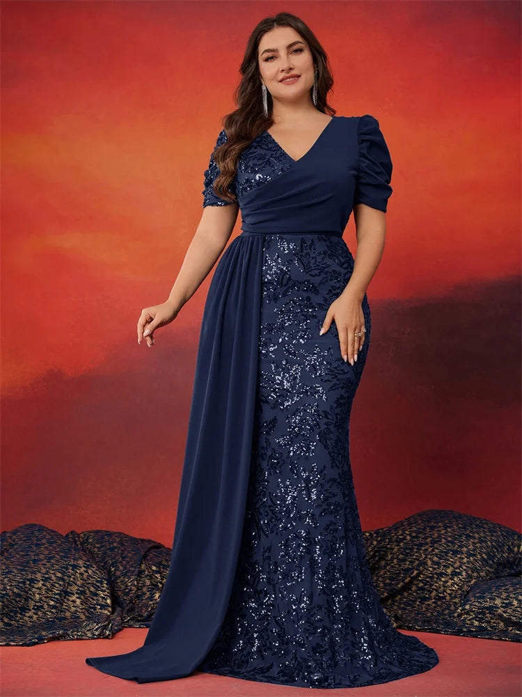 navy plus size sequins and short sleeves formal dress-formal elegance