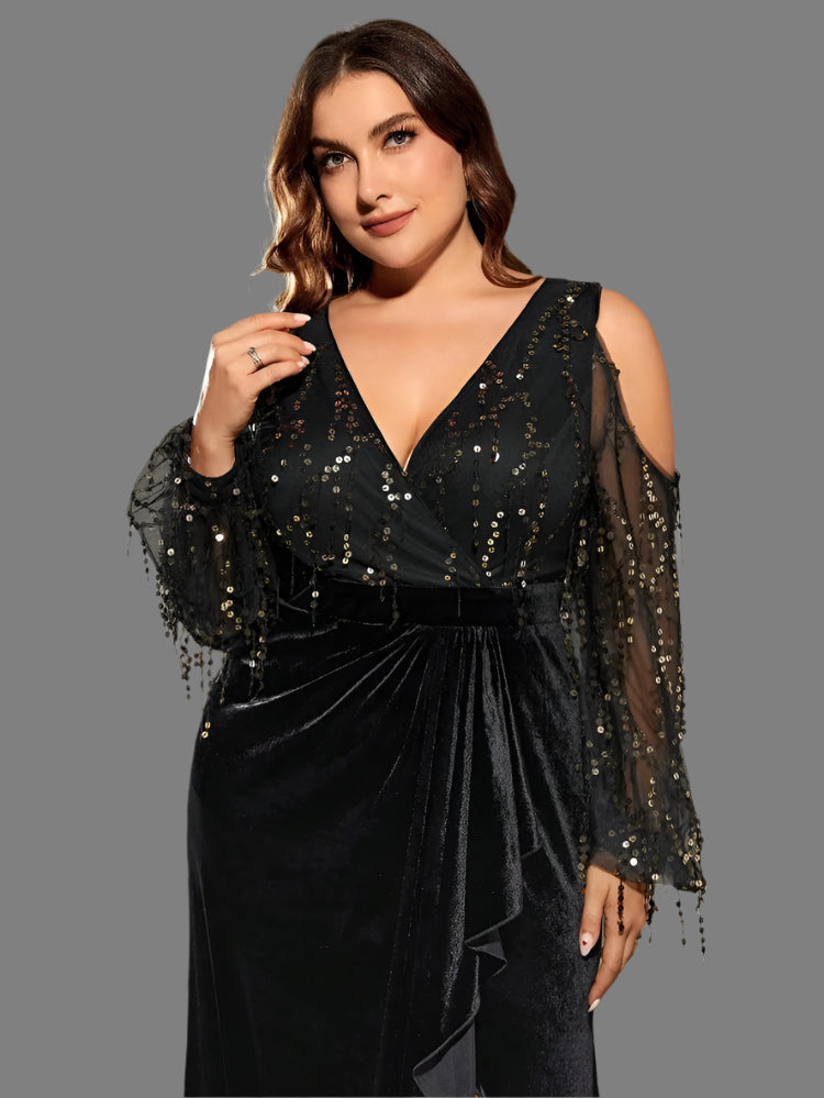 velvet with sequins v-neck evening gown