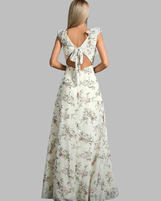 Ivory floral A-line chiffon maxi dress with open back and tie, ruffle cap sleeves