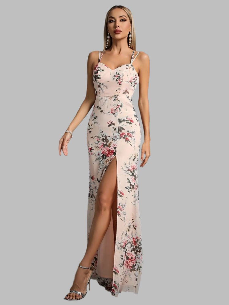 pink floral chiffon spaghetti straps with leg split maxi party dress-formal elegance