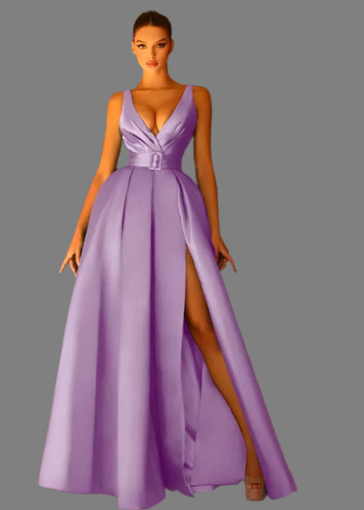 Lilac satin fabric sleeveless with leg split evening dress-formal elegance