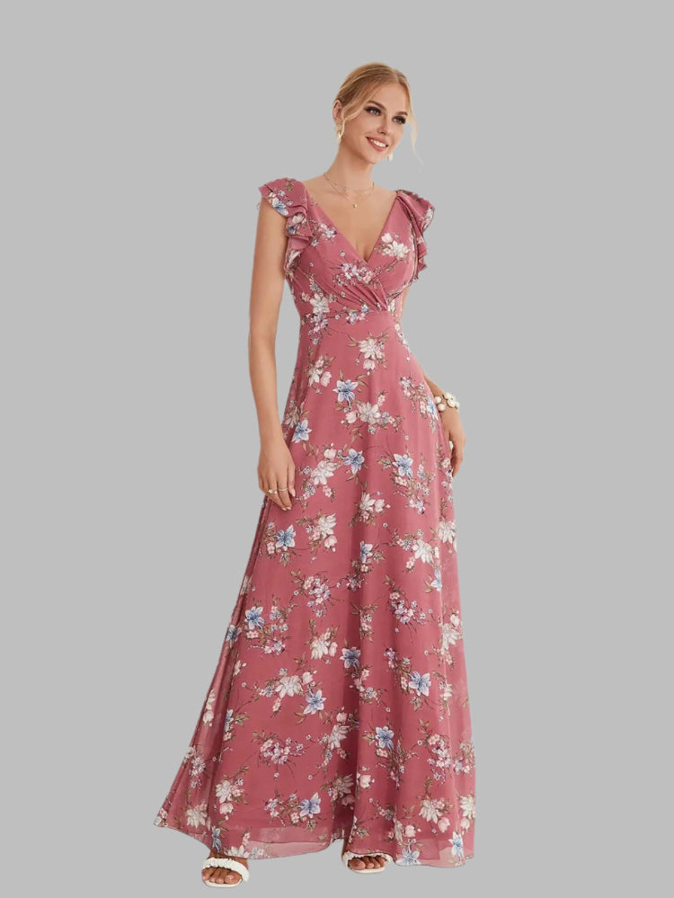 pink floral chiffon v-neck with ruffles dress-formal elegance