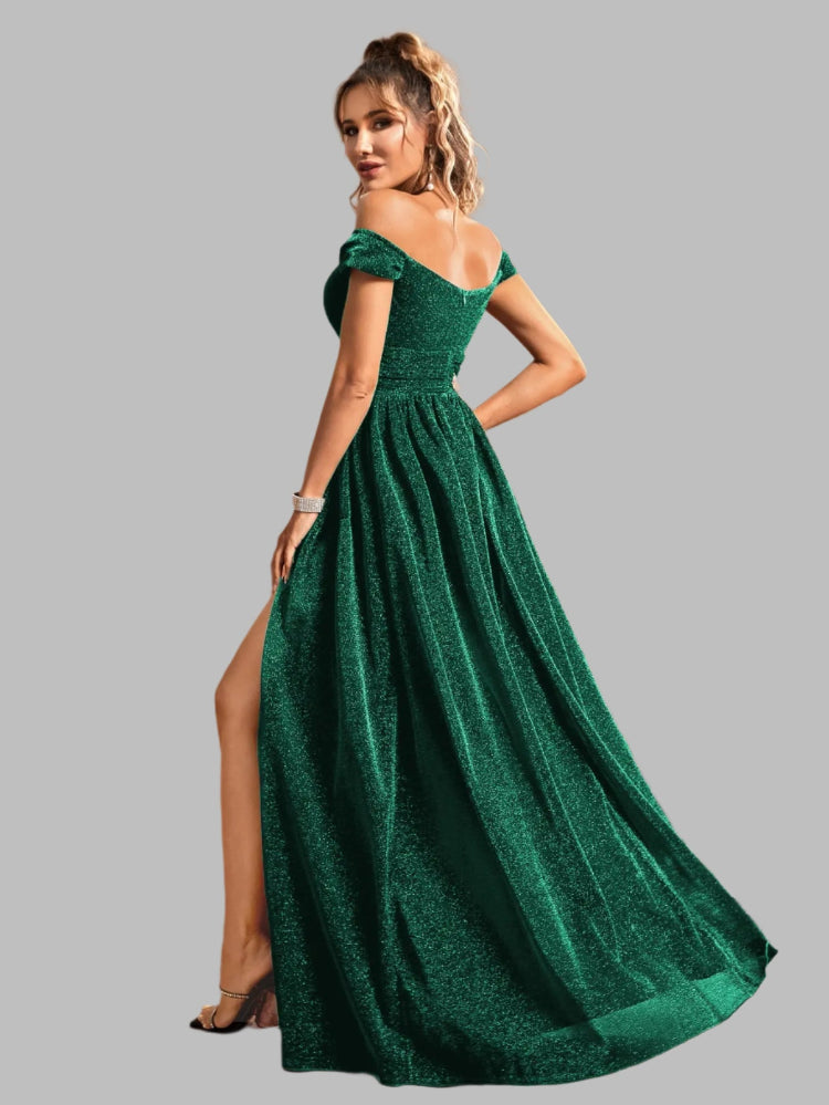 green glitter open back with zipper evening gown