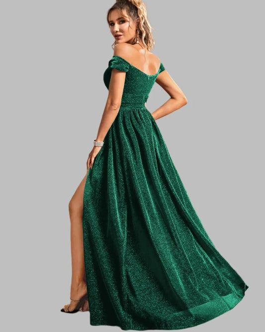 green glitter open back with zipper evening gown