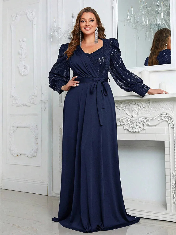blue plus size v neck sequin long sleeve evening dress-formal elegance