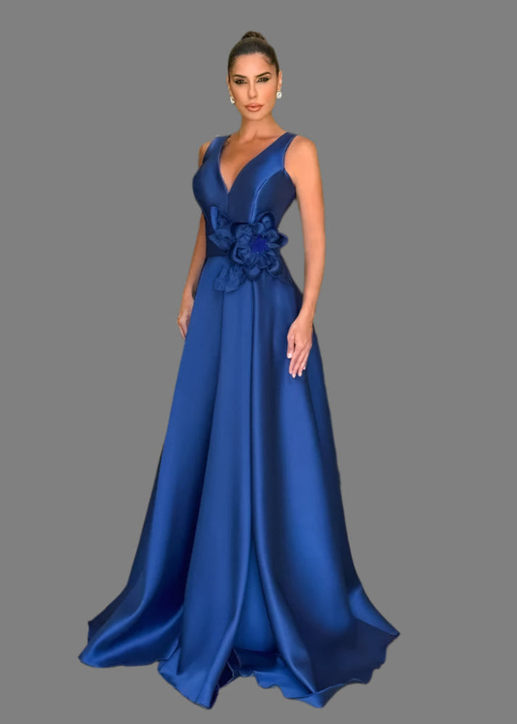 Blue Satin V Neck A Line Floor Length Formal Dress