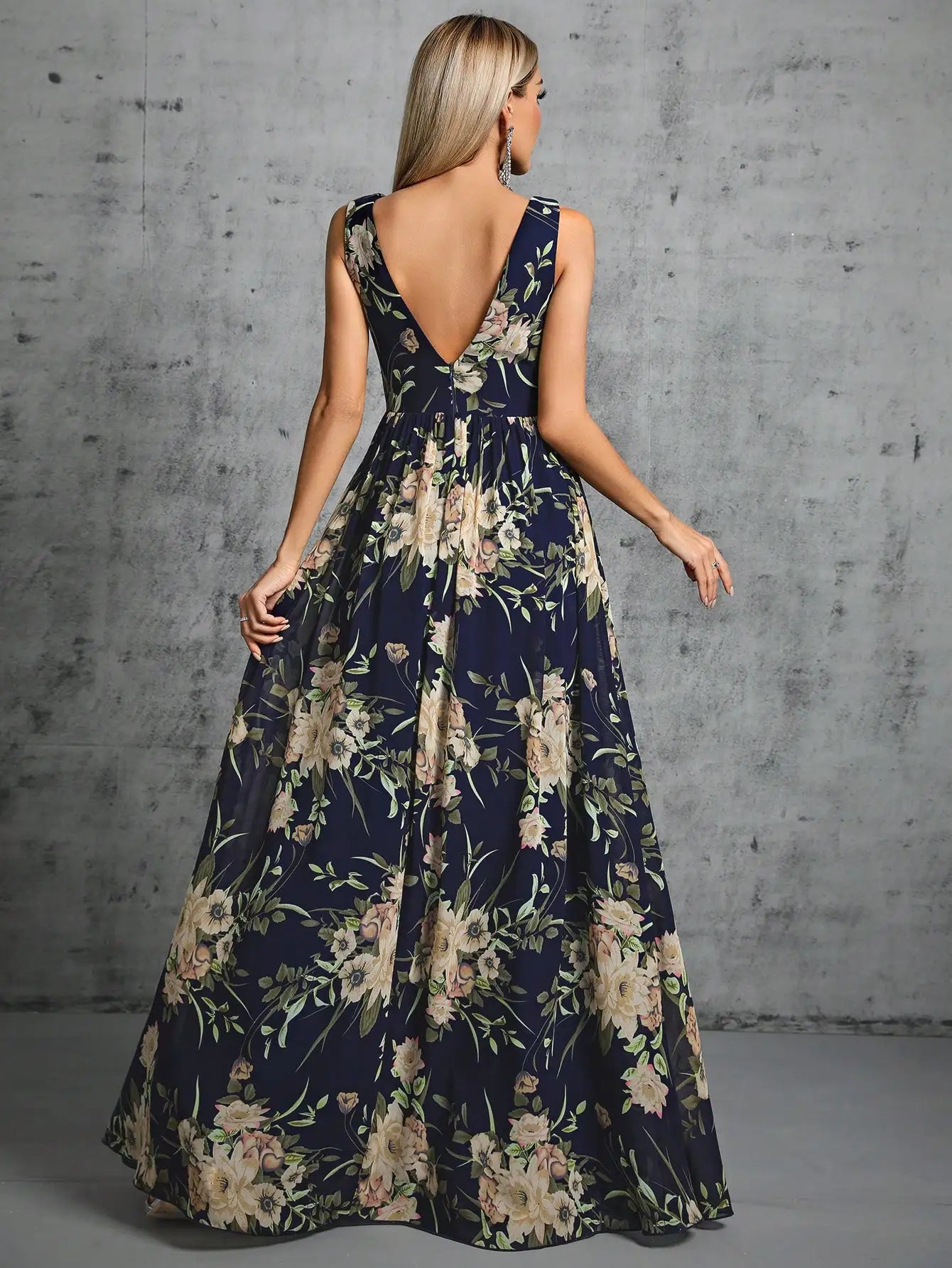 Navy Floral Print Chiffon Sequin Waist Party Dress