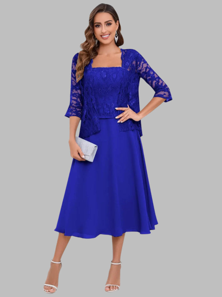 mother of the bride or groom two piece tea length dress, royal blue chiffon and matching lace jacket for wedding or evening attire