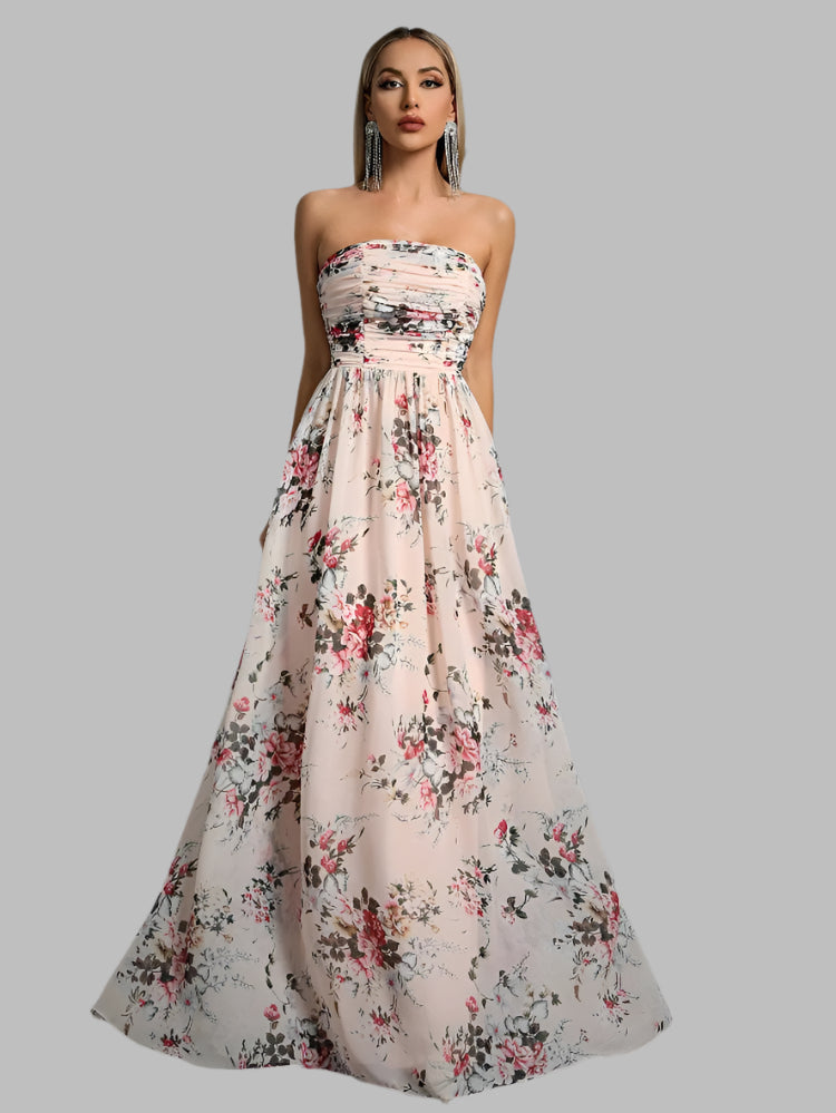 pink strapless pleated floral printed maxi dress-formal elegance