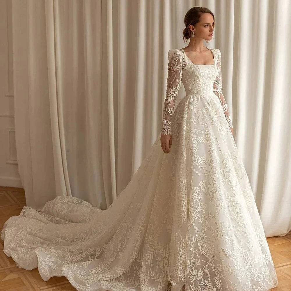 Ivory lace square neckline with detachable sleeves wedding dress-formal elegance