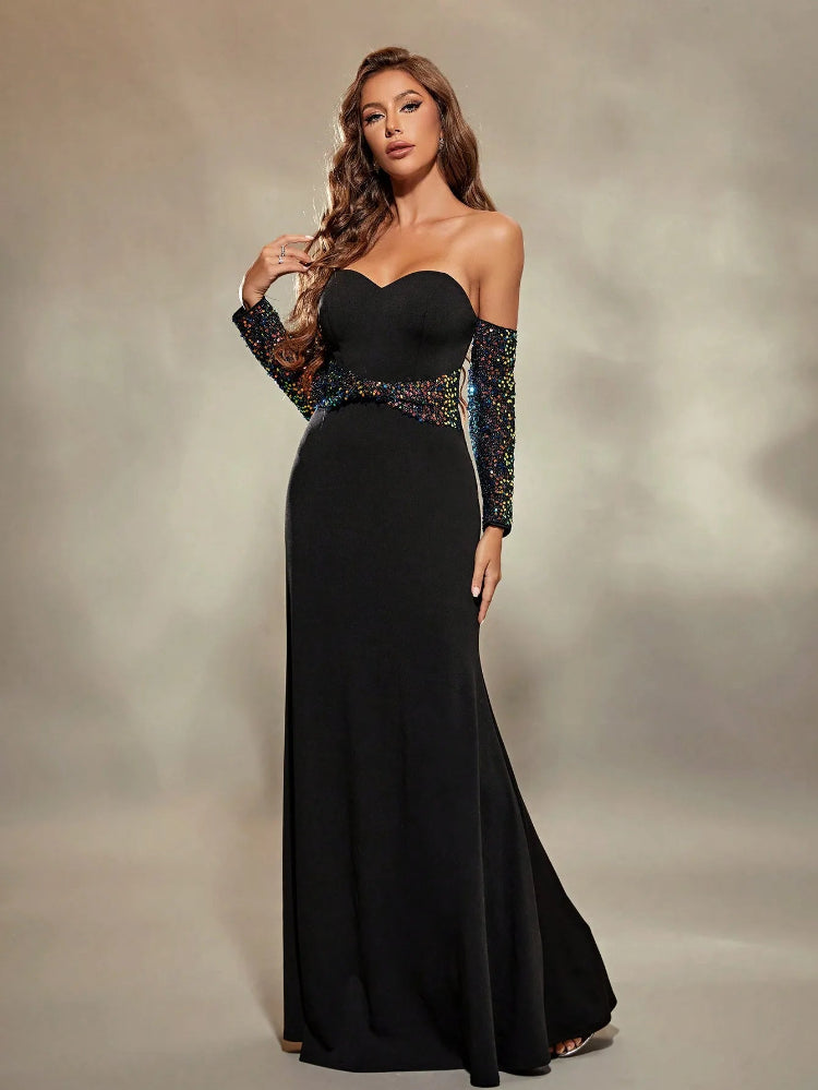 black strapless neckline maxi dress with glitter-formal elegance