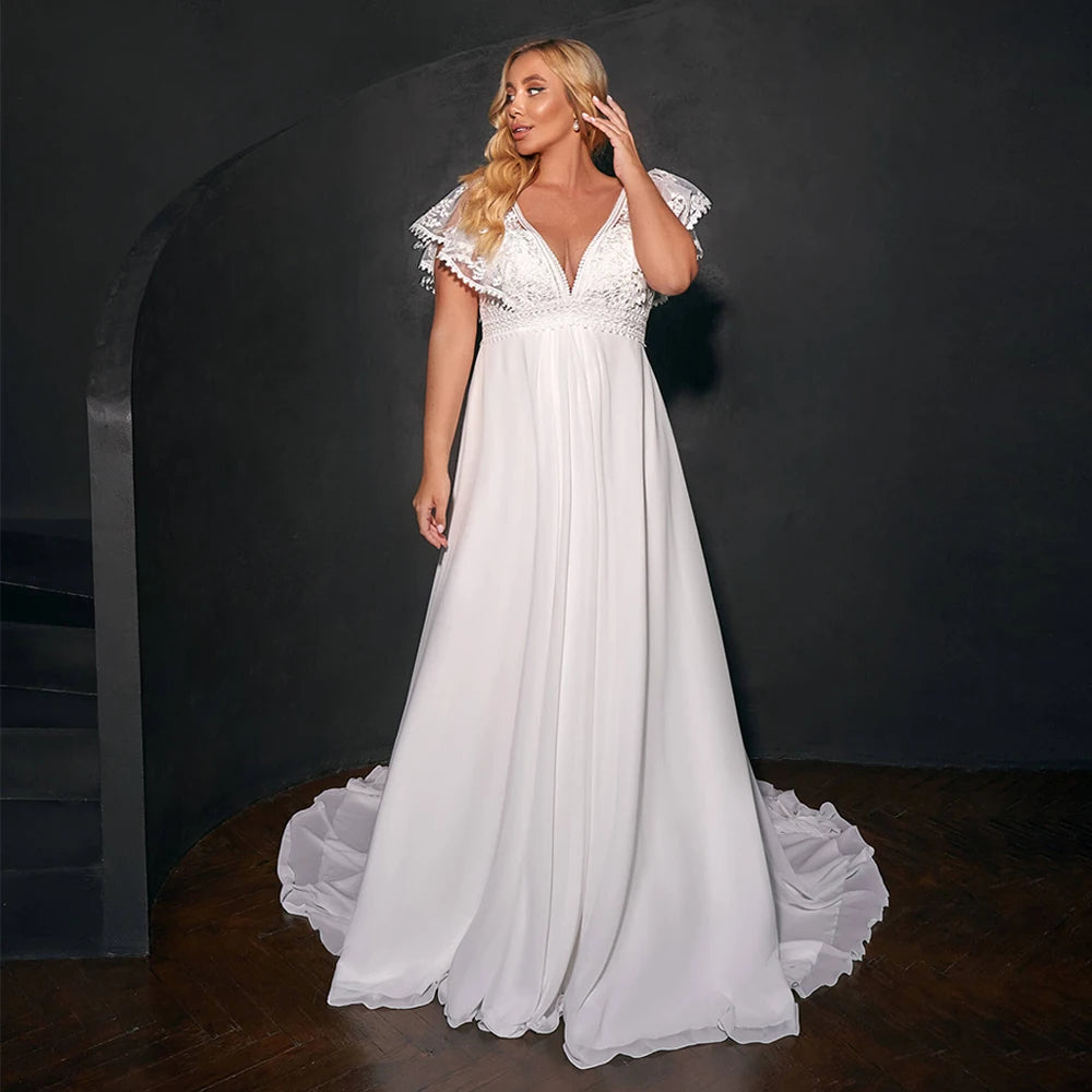 A-line chiffon fabric V-neck short sleeve appliqué bridal dress in white or ivory sizes 2-26w