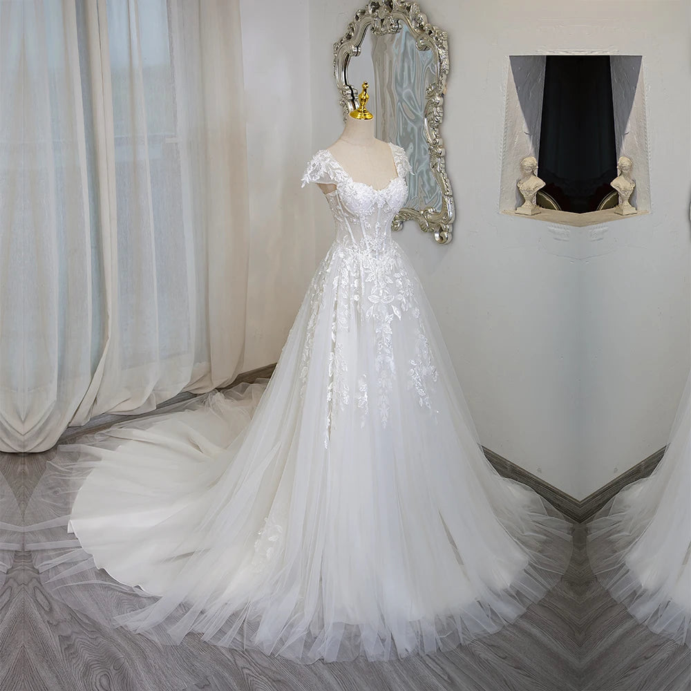 Romantic Lace Tulle Cap Sleeve Wedding Dress