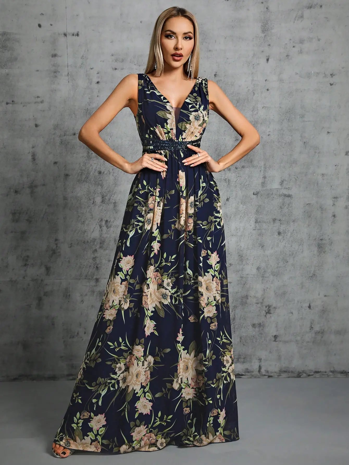 navy blue floral printed chiffon v neck sleeveless long party dress-formal elegance