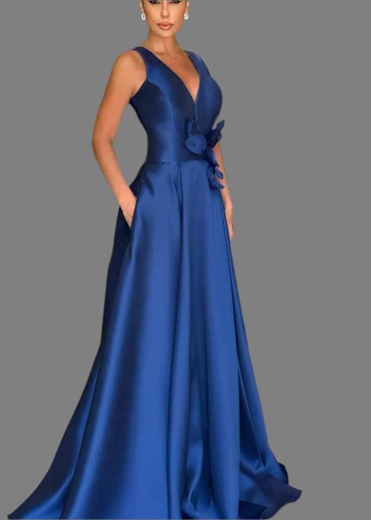 Blue Satin V Neck A Line Floor Length Formal Dress