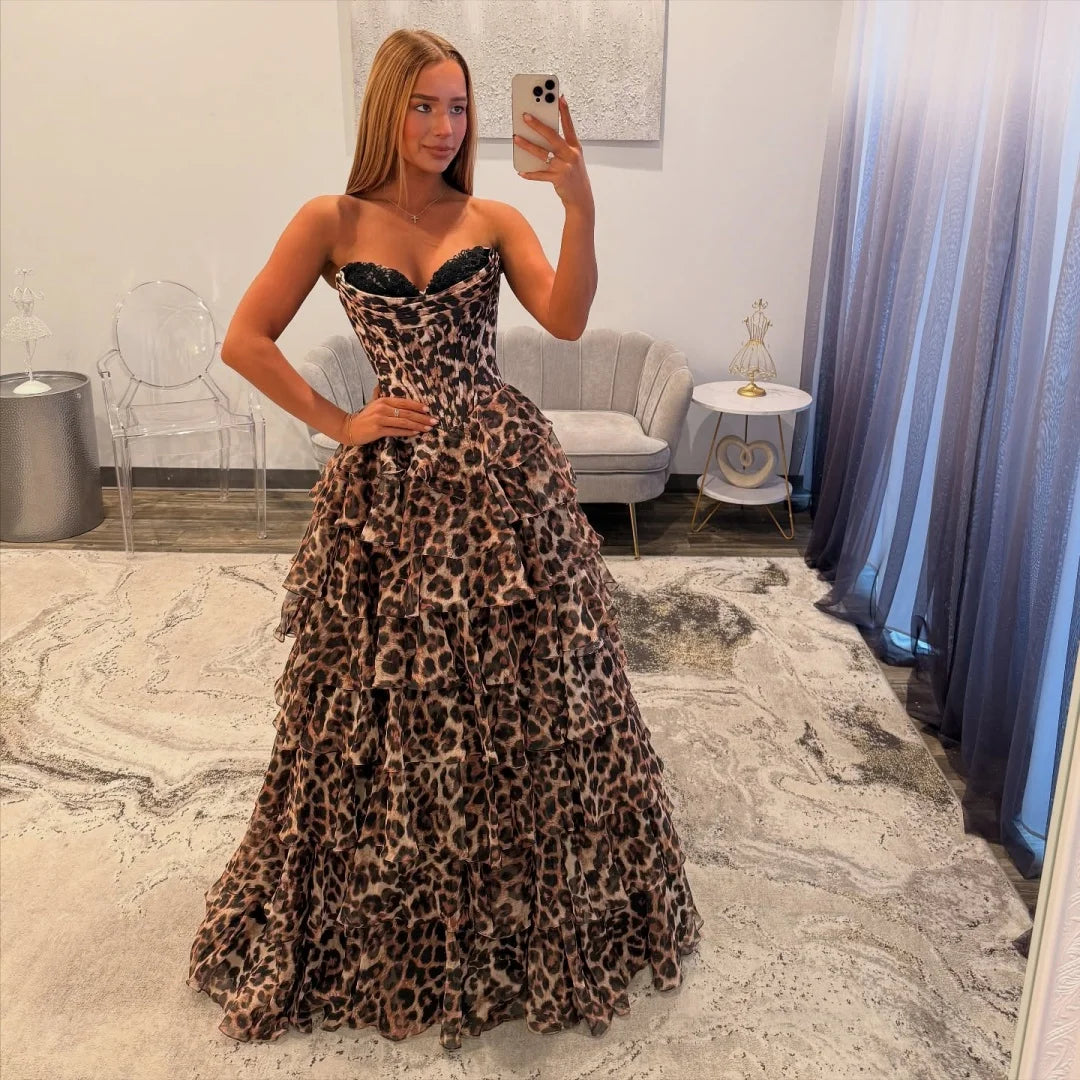 Strapless Leopard Ruffles Evening Formal Dress