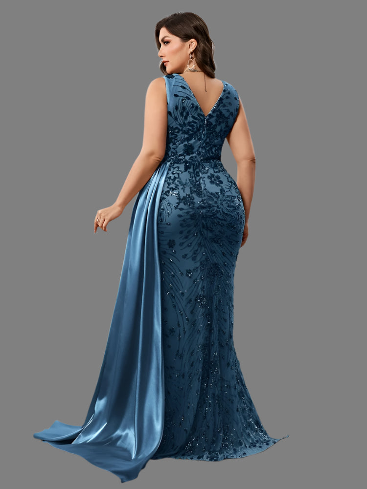 Elegant Blue Satin And Sequins Plus Size Party Dress